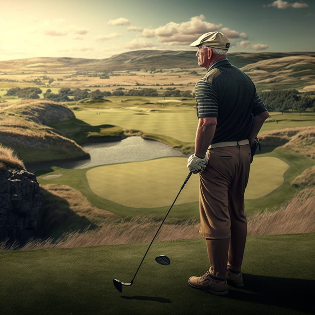 mature golfer overlooking beautiful golf course